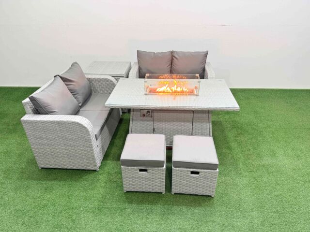 Fimous 6 Seater Outdoor Love Sofa Set Rattan Garden Furniture Set with Firepit Dining Table 2 Small Stools Side Table Light Grey - image 1