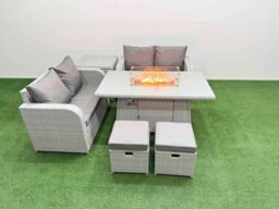 Fimous 6 Seater Outdoor Love Sofa Set Rattan Garden Furniture Set with Firepit Dining Table 2 Small Stools Side Table Light Grey - thumbnail 2