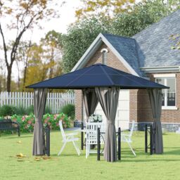 OUTSUNNY 3x3(m) Hardtop Gazebo with Polycarbonate Roof, Netting & Curtains in Grey - thumbnail 1