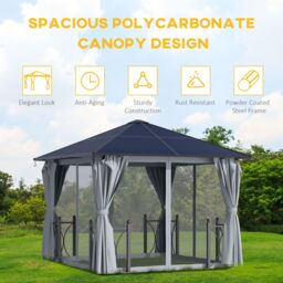 OUTSUNNY 3x3(m) Hardtop Gazebo with Polycarbonate Roof, Netting & Curtains in Grey - thumbnail 4