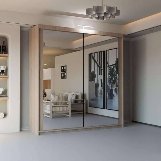 Sliding Wardrobes 4U Stylish Sliding Mirror Wardrobe with LED, Double Doors, 120cm in Brown - image 1