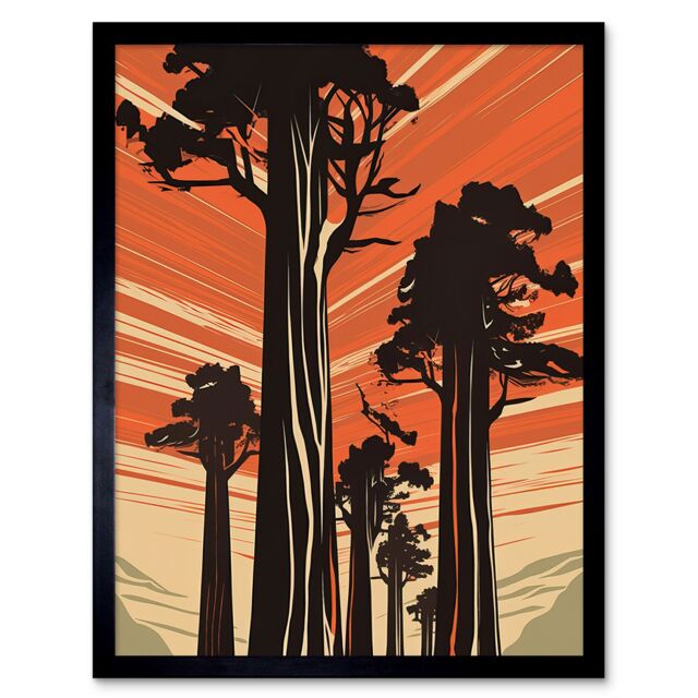 "Artery8 Wall Art Print Sequoia National Forest Large Tree Linocut Poster Art Framed in Black - Size: W12"" x H16""" - image 1