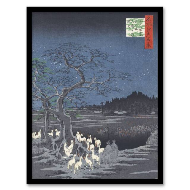 Artery8 New Year Eve Foxfires Trees Japan Retro Vintage Framed Wall Art Print in Blue - Size: A4 - image 1