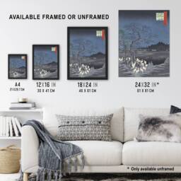 Artery8 New Year Eve Foxfires Trees Japan Retro Vintage Framed Wall Art Print in Blue - Size: A4 - thumbnail 3