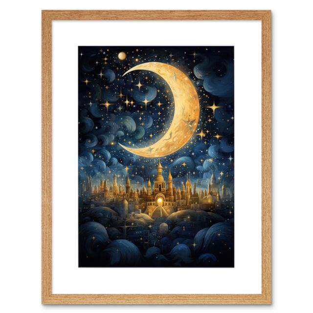 Artery8 Wall Art Print Golden City in the Clouds Surreal Artwork Blue Gold Crescent Moon Starry Night Fairytale Artwork Framed 9X7 Inch - image 1