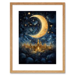 Artery8 Wall Art Print Golden City in the Clouds Surreal Artwork Blue Gold Crescent Moon Starry Night Fairytale Artwork Framed 9X7 Inch - thumbnail 1