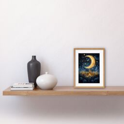 Artery8 Wall Art Print Golden City in the Clouds Surreal Artwork Blue Gold Crescent Moon Starry Night Fairytale Artwork Framed 9X7 Inch - thumbnail 2