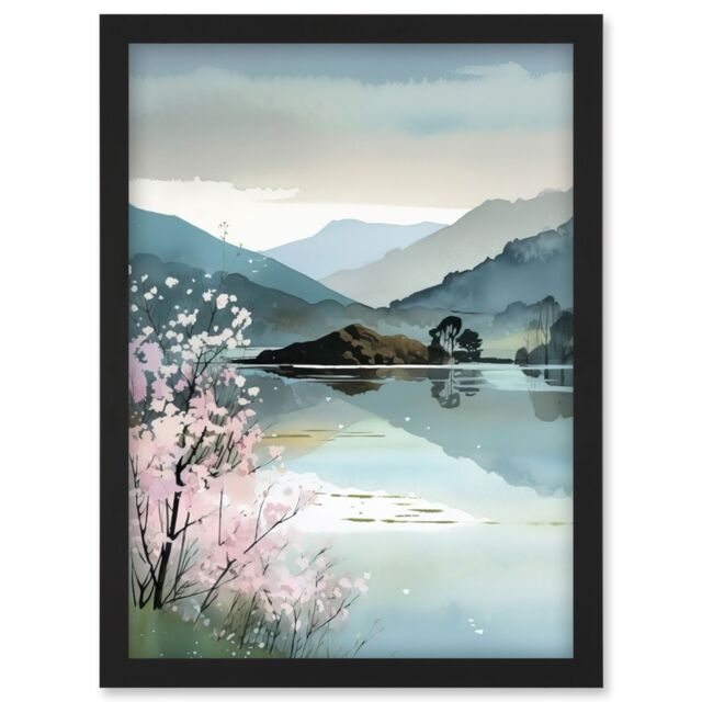 Artery8 Lakeside Landscape with Cherry Blossom Tree Modern Watercolour Painting Artwork Framed Wall Art Print A4 in Black - image 1