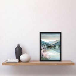 Artery8 Lakeside Landscape with Cherry Blossom Tree Modern Watercolour Painting Artwork Framed Wall Art Print A4 in Black - thumbnail 2