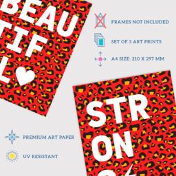 Artery8 Wall Art Print Pack of 3 A4 Beautiful Strong Bright Typography on Red & Orange Leopard Pattern Motivational Living Room s Set - thumbnail 4