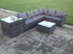 Fimous Rattan Corner Sofa Set Garden Furniture With Coffee Tall Table & Side Table in Dark Grey - thumbnail 2