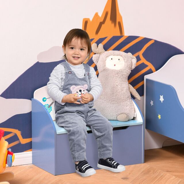 HOMCOM Kids Wooden Toy Box Children Storage Chest Bench Organiser Safety Hinge in Blue - image 1