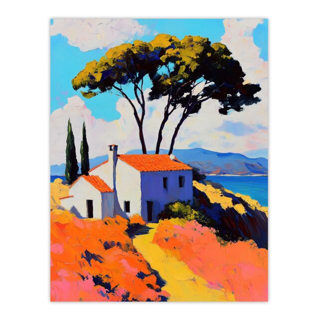"Artery8 Italian Seaside Villa in Spring Vibrant Painting Wall Art Print in Orange - Size: W18"" x H24""" - image 1