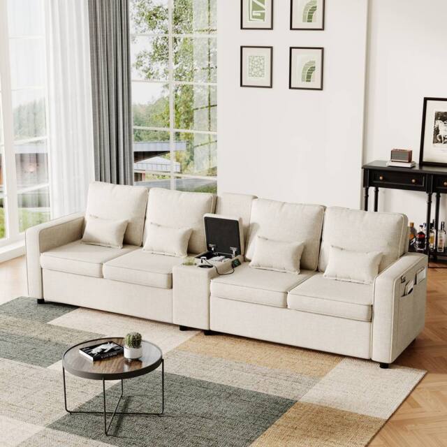 Merax 4 Seater Sofa with Storage, Cup Holders & Charging Ports in Beige - image 1