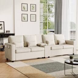Merax 4 Seater Sofa with Storage, Cup Holders & Charging Ports in Beige - thumbnail 4