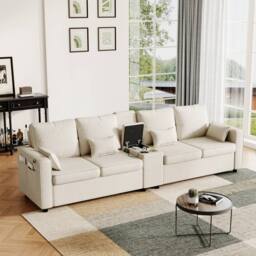 Merax 4 Seater Sofa with Storage, Cup Holders & Charging Ports in Beige - thumbnail 3