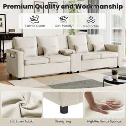 Merax 4 Seater Sofa with Storage, Cup Holders & Charging Ports in Beige - thumbnail 8
