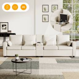 Merax 4 Seater Sofa with Storage, Cup Holders & Charging Ports in Beige - thumbnail 2