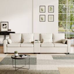 Merax 4 Seater Sofa with Storage, Cup Holders & Charging Ports in Beige - thumbnail 5