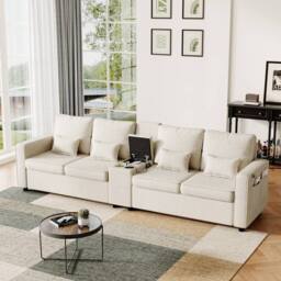 Merax 4 Seater Sofa with Storage, Cup Holders & Charging Ports in Beige - thumbnail 6