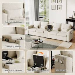 Merax 4 Seater Sofa with Storage, Cup Holders & Charging Ports in Beige - thumbnail 7