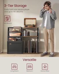 VASAGLE Large 3-Tier Record Player Stand Vinyl Storage up to 140 Albums in Brown - thumbnail 3