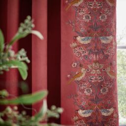 Morris & Co Strawberry Thief Embroidered Velvet Room Darkening Pencil Pleat Curtain Pair in Red - Size: 168 cm width x 229 cm drop - thumbnail 4