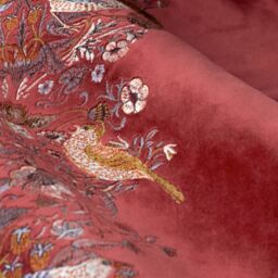 Morris & Co Strawberry Thief Embroidered Velvet Room Darkening Pencil Pleat Curtain Pair in Red - Size: 168 cm width x 229 cm drop - thumbnail 6