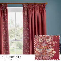 Morris & Co Strawberry Thief Embroidered Velvet Room Darkening Pencil Pleat Curtain Pair in Red - Size: 168 cm width x 229 cm drop