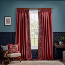 Morris & Co Strawberry Thief Embroidered Velvet Room Darkening Pencil Pleat Curtain Pair in Red - Size: 168 cm width x 229 cm drop - thumbnail 2