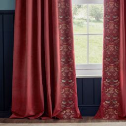 Morris & Co Strawberry Thief Embroidered Velvet Room Darkening Pencil Pleat Curtain Pair in Red - Size: 168 cm width x 229 cm drop - thumbnail 5