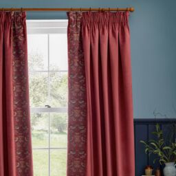 Morris & Co Strawberry Thief Embroidered Velvet Room Darkening Pencil Pleat Curtain Pair in Red - Size: 168 cm width x 229 cm drop - thumbnail 3