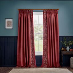 Morris & Co Strawberry Thief Embroidered Velvet Room Darkening Pencil Pleat Curtain Pair in Red - Size: 168 cm width x 229 cm drop - thumbnail 7