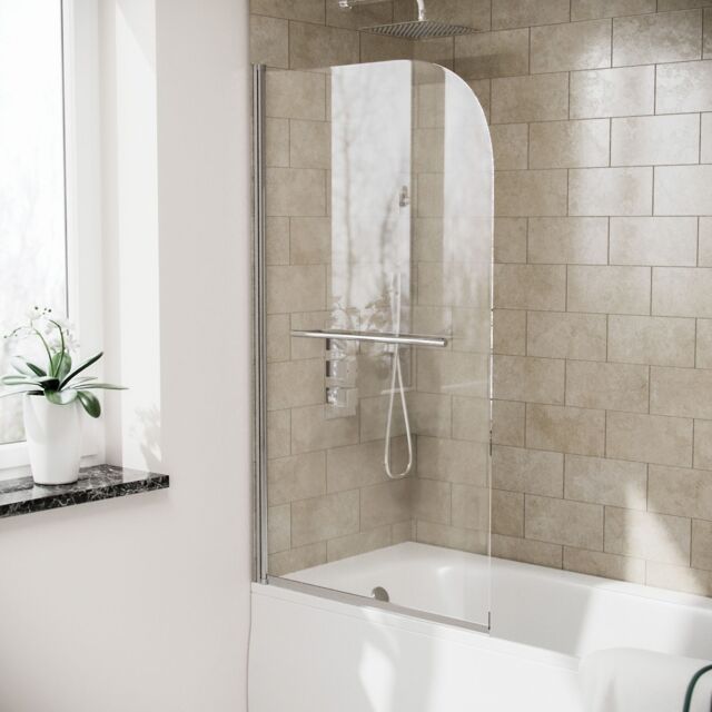 Nes Home Frameless Bath Shower Screen with Glass Swing Door & Towel Bar in Metallic Silver - image 1