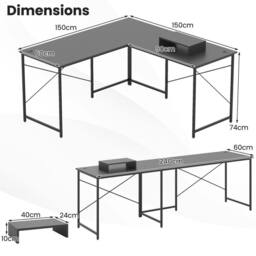 VOGREX Grey L-Shaped Computer Desk With Built-in Monitor Stand in Black - thumbnail 2