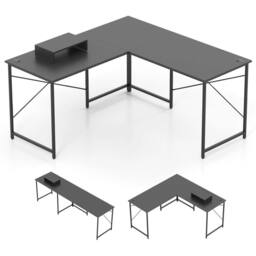 VOGREX Grey L-Shaped Computer Desk With Built-in Monitor Stand in Black - thumbnail 1