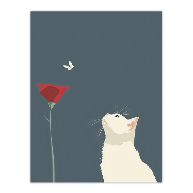 "Artery8 Tulip Flower & Butterfly White Cat Lover Design Wall Art Print in Grey - Size: W12"" x H16""" - image 1
