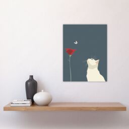 "Artery8 Tulip Flower & Butterfly White Cat Lover Design Wall Art Print in Grey - Size: W12"" x H16""" - thumbnail 4