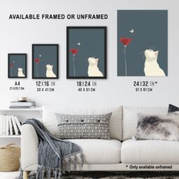 "Artery8 Tulip Flower & Butterfly White Cat Lover Design Wall Art Print in Grey - Size: W12"" x H16""" - thumbnail 3