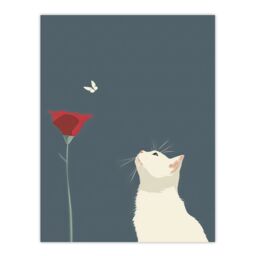 "Artery8 Tulip Flower & Butterfly White Cat Lover Design Wall Art Print in Grey - Size: W12"" x H16""" - thumbnail 1