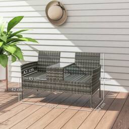 OUTSUNNY Rattan Garden Bench w/ Glass Tea Table, Cushions, Charcoal Grey in Dark Grey - thumbnail 3