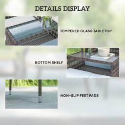 OUTSUNNY Rattan Garden Bench w/ Glass Tea Table, Cushions, Charcoal Grey in Dark Grey - thumbnail 4