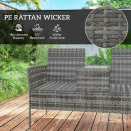 OUTSUNNY Rattan Garden Bench w/ Glass Tea Table, Cushions, Charcoal Grey in Dark Grey - thumbnail 5