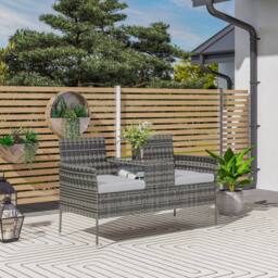 OUTSUNNY Rattan Garden Bench w/ Glass Tea Table, Cushions, Charcoal Grey in Dark Grey