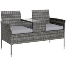 OUTSUNNY Rattan Garden Bench w/ Glass Tea Table, Cushions, Charcoal Grey in Dark Grey - thumbnail 2