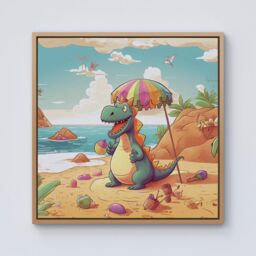 "Warren Reed - Designer Dragon On A Beach Holiday Framed Canvas in Light Brown - Size: W30"" x H30""" - thumbnail 1