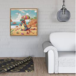 "Warren Reed - Designer Dragon On A Beach Holiday Framed Canvas in Light Brown - Size: W30"" x H30""" - thumbnail 2
