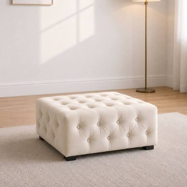 Sofaya Hampton Chesterfield Foot Stool Velvet, Deep Buttoned Coffee Table in Cream - Size: 60 cm x 60 cm - image 1