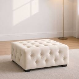 Sofaya Hampton Chesterfield Foot Stool Velvet, Deep Buttoned Coffee Table in Cream - Size: 60 cm x 60 cm - thumbnail 2