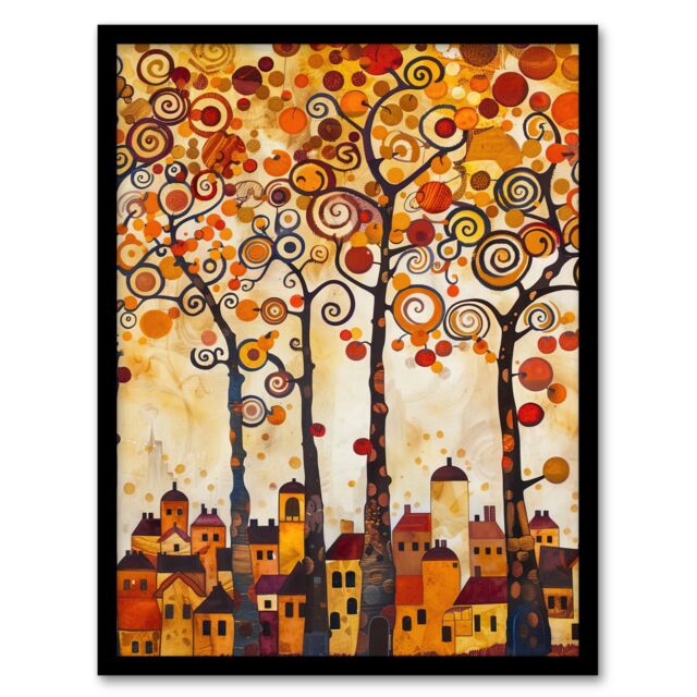 "Artery8 Tangerine Trees Town Painting Autumnal Colours Framed Art Print in Orange - Size: W12"" x H16""" - image 1